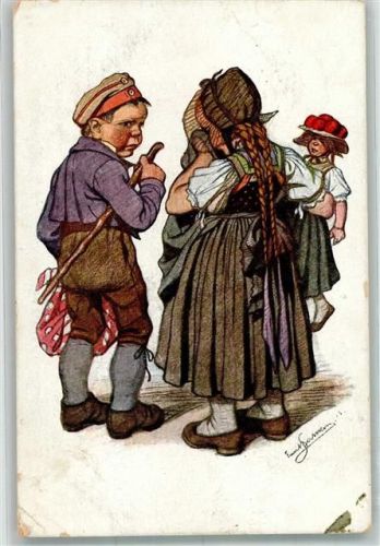 Junge mit Feldmütze verabschiedet sich von weinendem Mädchen in Schwarzwälder Tracht mit Puppe Feldpost WK I 103. Inf.-Div. Beithan, E. 1916 Gebrauchsspuren