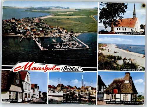 Maasholm Hauptstraße, Fischereihafen, Ältestes Haus, Strand Oehe, Petrikirche, Ehrenmal, Fliegeraufnahme