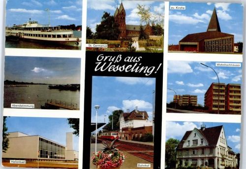 50389 W5047 Wesseling , Rheinl - Bahnhof, Hallenbad, St. Germanus, Ev. Kirche
