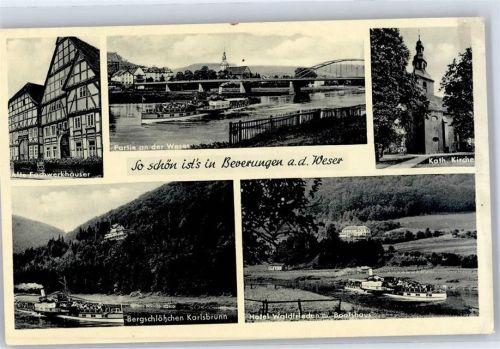 Beverungen Alte Fachwerkhäuser Partie an der Weser Kath. Kirche Bergschlösschen Karlsbrunn Hotel Waldfrieden mit Bootshaus