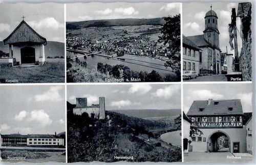Faulbach Kapelle Kirche Sportplatz Henneburg Rathaus Bahnpost Gemünden Zug Nr. 3701