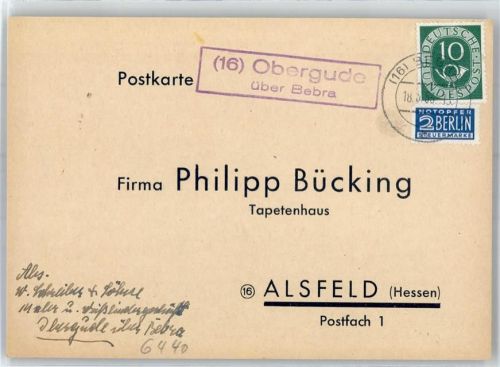 36211 W6445 Obergude - Landpoststempel Bestellkarte Tapetenhaus Philipp Bücking Notopfer