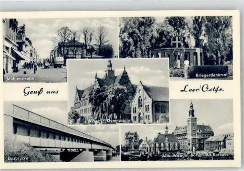 26789 W2950 Leer Ostfriesland Foto AK Mühlenstr. Kriegerdenkmal, Brücke, Rathaus