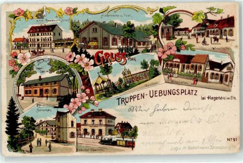 67500 Haguenau Hagenau (Elsass) Lithographie / Künstlerkarte Truppenübungsplatz Hotel Gasthaus Hirsch Hauptwache Postamt Cantine Bahnhof