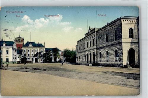 08451 O9630 Crimmitschau 1914 - Kiegerdenkmal Bahnhof Post