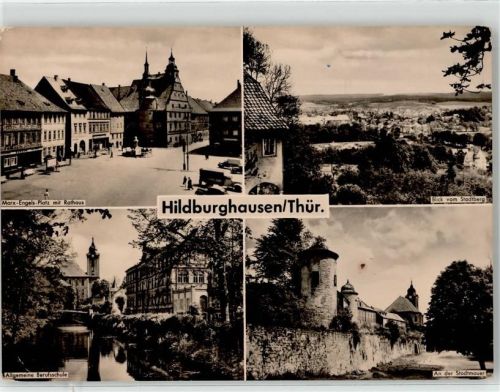 98646 O6110 Hildburghausen - Marx Engels Platz Rathaus Berufsschule Stadtmauer