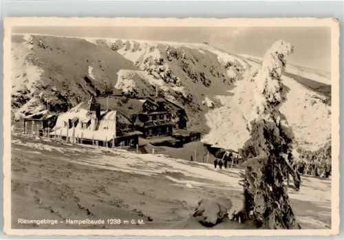 Hampelbaude 1943 Winter Riesengebirge Gasthaus Hüttenstempel