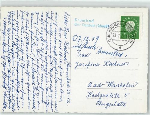86381 W8908 Krumbad , Schwab - Landpoststempel Winter Kirche Neujahrsgruß
