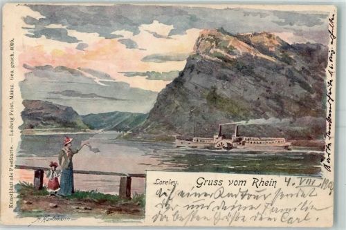 1900 Dampfschiff Frau Kind Rhein sign. A. Hartmann