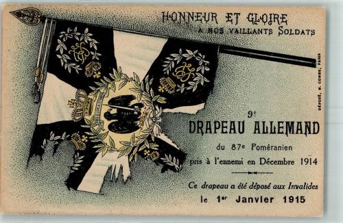 1914 Deutsche Fahne schwarz-weiß Adler Schwert Krone Kranz Regiment Nr. 87 zerrissene Fahne Neujahr