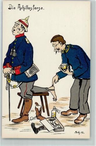 Karikatur Die Achillesferse Uniform Pickelhaube Säbel Erste-Hilfe Kasten Creme sign. Sch.12