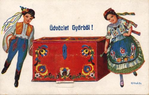 Raab Gyor (Ungarn) Leporello, Kinder in Trachten, signiert Bernath I-II (Klebereste RS)