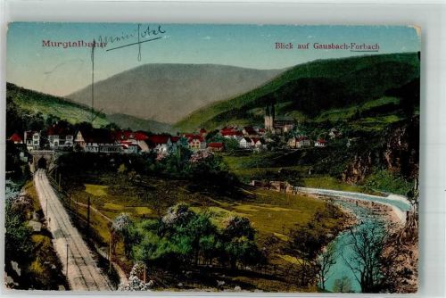 Gausbach 1911 Panorama des Ortes mit der Murgtalbahn und Kirche St. Johannes Baptista in Forbach