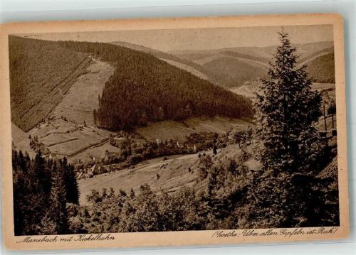 Manebach Panorama des Ortes mit Kickelhahn Werbekarte Pension Haus Conradshöh