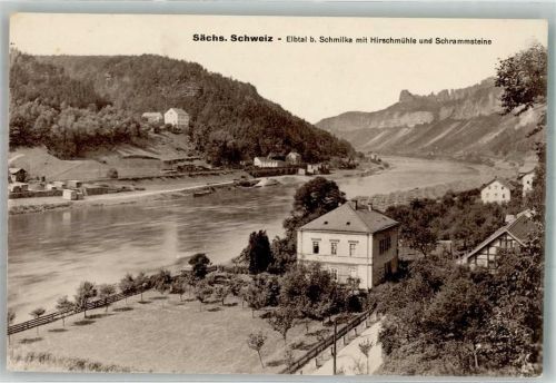 Schmilka 1927 Elbtal mit Hirschmühle und Schrammmsteine