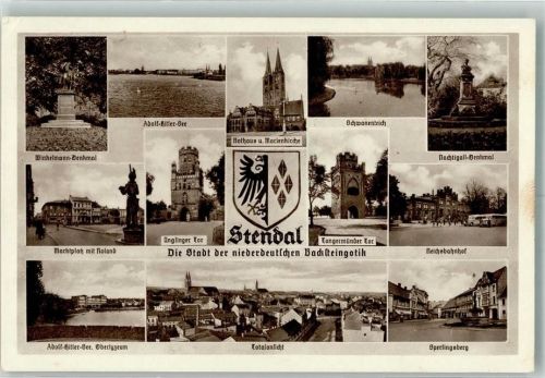 Stendal 1941 Feldpost WK II Reserv. Lazarett Adolf Hitler-See Rathaus Marien- Kirche Denkmal Roland Winkelmann Bahnhof Omnibus