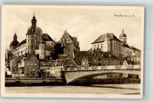 Neuburg 1940 Donaubrücke mit Schloss Neuburg und Hotel Krone Feldpost WK II Inf.-Ers.-Batl. 423