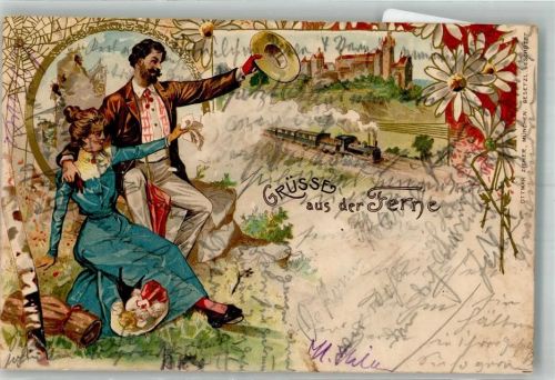 1900 Grüsse aus der Ferne Mann und Frau Eisenbahn Burg Golddruck Verlag Zieher, Ottmar