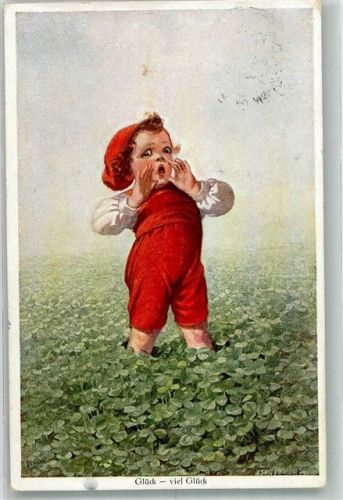 1928 Kleiner Junge in einem Feld voller Glückskleeblätter Primus-Postkarte 03355