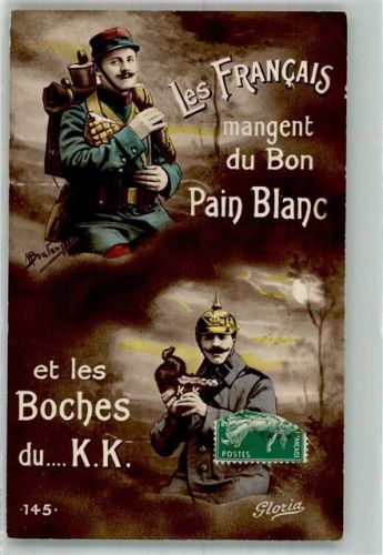 1915 Franz. Soldaten essen Weißbrot und die Schweine der K.K.