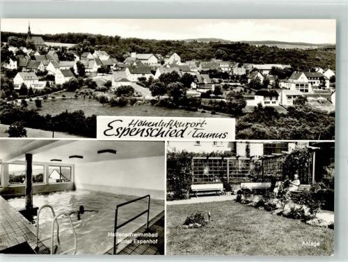 Espenschied Panorama des Ortes mit Sankt-Nikolaus-Kirche Schwimmbad vom Hotel Esplande Parkanlage