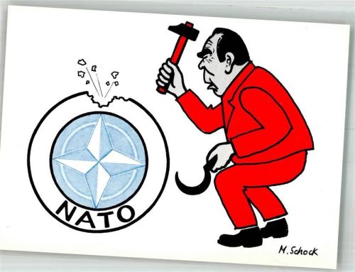 sign. Schock Breshenew schlägt mit Hammer auf die NATO ein