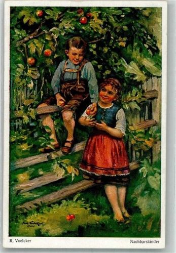 sign. Voelcker Junge schenkt Mädchen einen Apfel Kinderpoesie