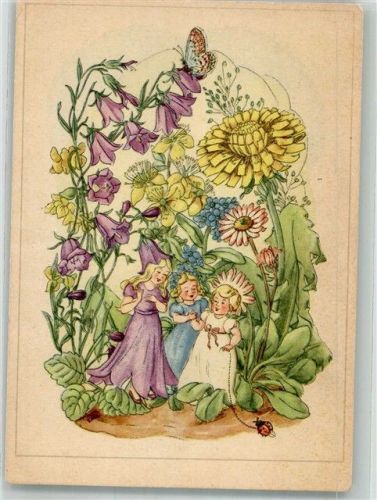 Kleine Elfen in einer Blumenwiese Marienkäfer Schmetterling Künstlerkarte Stöckel-Bildkarte Y21
