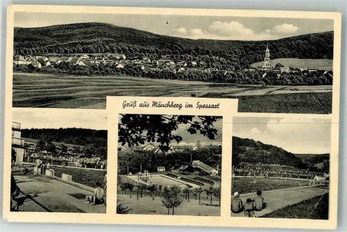 Mönchberg Panorama des Ortes mit Kirche St. Johannes Schwimmbad Notopfermarke