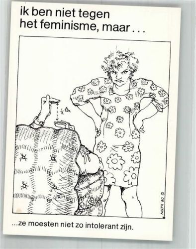 sign. Nolta, Marlen Ich bin nicht gegen Feminismus... Erzürnte Frau und Mann im Sessel Satire