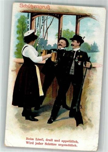 Zwei Schützen mit Bier bei der drallen Liesl