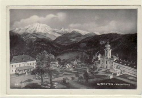 AK von Gutenstein. Partie am Mariahilfberg gelaufen am 10.08.1949. Leicht bügig, kleiner Knick oben rechts, 3 leichte FlEcke n Vorderseite oberhalb der Kirche, sonst gut erhalten.