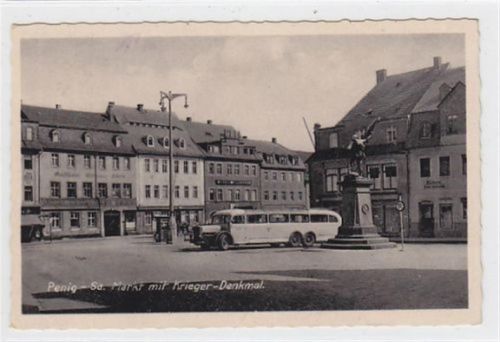 Penig Penig in Sachsen. Markt Krieger-Denkmal Gasthaus Goldener Stern Bäckerei Autobus gelaufen 1943. Leichter Bug. sonst gut erhalten