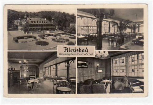 Alexisbad Alexisbad mit Genesungsheim Geschw. Scholl. eine Außen- und drei verschiedene Innenansichten gelaufen von 1955. Leicht bügig, leicht stockfleckig, sonst gut erhalten.