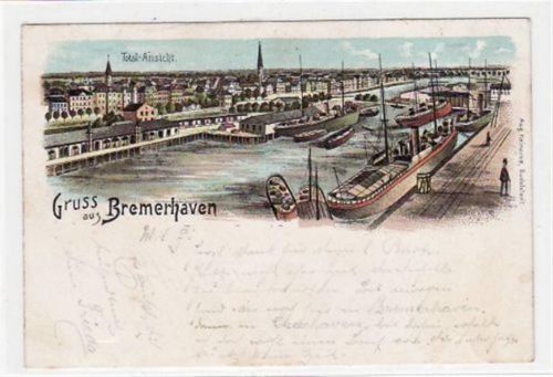 Bremerhaven Bremerhaven, Lithographie mit Total - Ansicht gelaufen, mit Stempel von 1903, Marke fehlt kleiner Knick unten links, stockfleckig, sonst gut erhalten
