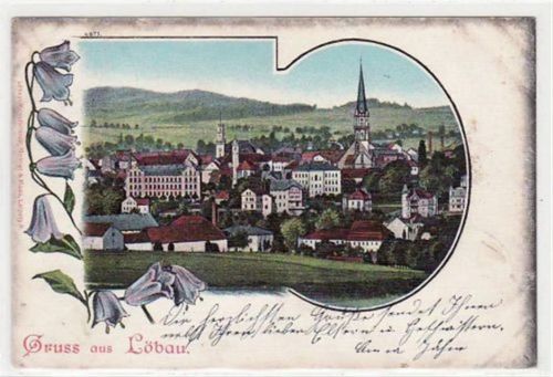 Löbau Löbau mit Gesamtanicht gelaufen von 1900. Oxydationsspuren an den Rändern, sonst gut erhalten.