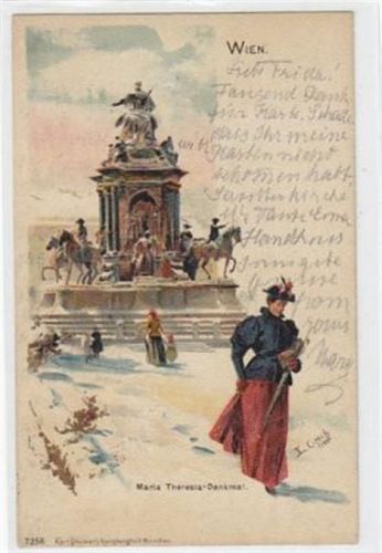 Lithographie Wien. Maria Theresia-Denkmal gelaufen am 03.07.1900. Leichte Stempelspuren, sonst gut erhalten