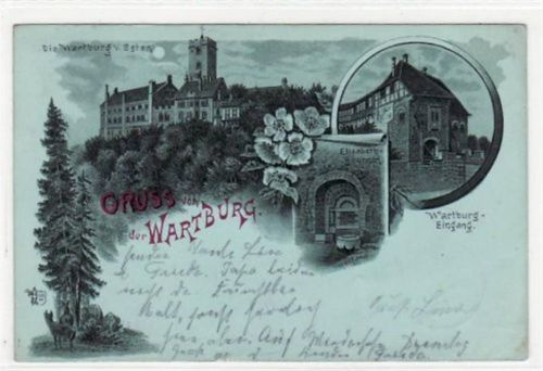 Wartburg Gruß von der Wartburg bei Eisenach i. Thür. Burg von Osten Eingang zur Burg Elisabeth-Brunnen gelaufen 1899 Eckbug unten rechts sonst gut erhalten.