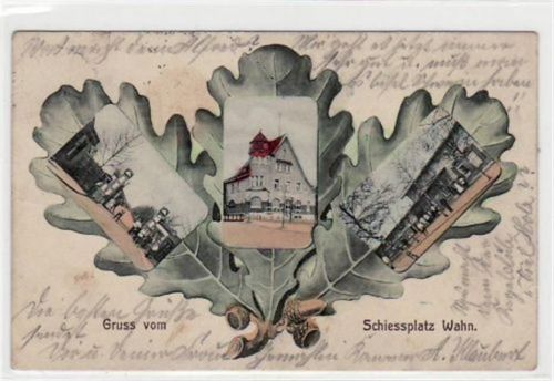 Köln Wahn 711 Köln - Wahn mit Gruss vom Schießplatz, 3 Abbildungen im Haselnussblatt gelaufen von 1910 kleiner Knick unten rechts und links, kleiner Knick oben links, leichte Stempelspuren, leicht stockfleckig, sonst gut erhalten