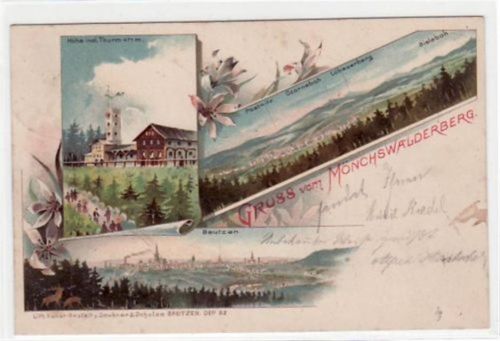 Mönchswalder Berg, Lithographie mit Totale und Bautzen gelaufen von 1903. Voderseite leicht und Rückseite stark stockfleckig, sonst gut erhalten.