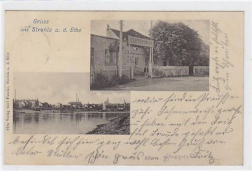 Strehla an der Elbe. Restaurant Elbterrasse Totalansicht gelaufen am 2.6.1902. Abdruck vom Stempel oben links, sonst gut erhalten.