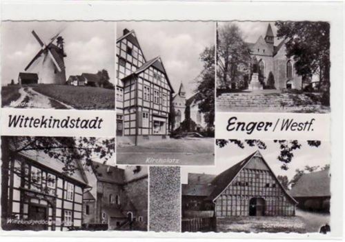 Enger, 5 Abbildungen mit Windmühle und Sattelmeierhof gelaufen, mit Marke und Stempel von 1965. Gute Erhaltung.