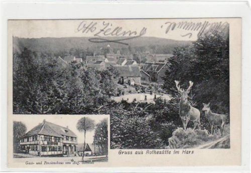 Rothesütte mit Gesamtansicht und Gast- und Pensionshaus von Aug. Schmidt gelaufen von 1907. Leichter Bug und kleiner Knick oben links, sonst gut erhalten.