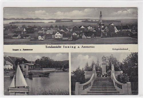 Inning am Ammersee. Totalansicht Kriegerdenkmal Stegen am See gelaufen am 14.11.1937 Eckbug oben rechts kleiner Bug auf der rechten Seite der Karte. Rückseite leicht fleckig, sonst gut erhalten