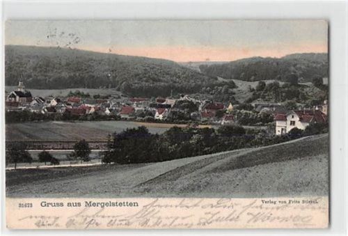 Mergelstetten. Gesamtansicht mit Kirche gelaufen. Leichte Stempelspuren, kleiner Knick oben links, sonst gut erhalten