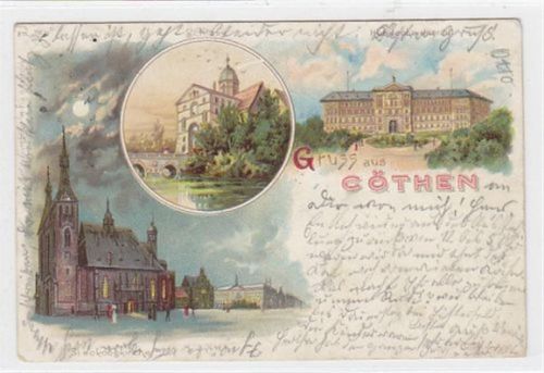 Cöthen, Lithographie mit St. Jakobskirche u. Höh. techn. Institut gelaufen, 1898. leichte Abschürfungen, leicht bügig, leicht fleckig, sonst gut erhalten