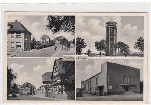 Mörfelden in Hessen mit Straßenpartie und Turm gelaufen, Marke zum Teil entfern, handschriftliches Datum von 1954. Leicht bügig, sonst gut erhalten