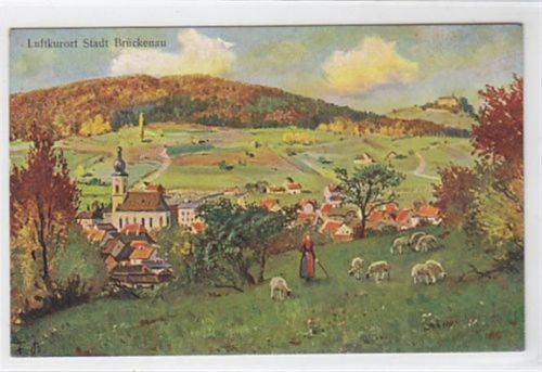 Brückenau, Künstlerkarte mit Gesamtansicht gelaufen, mit Marke und Stempel von 1911. Leichter Bug unten rechts, sonst gut erhalten