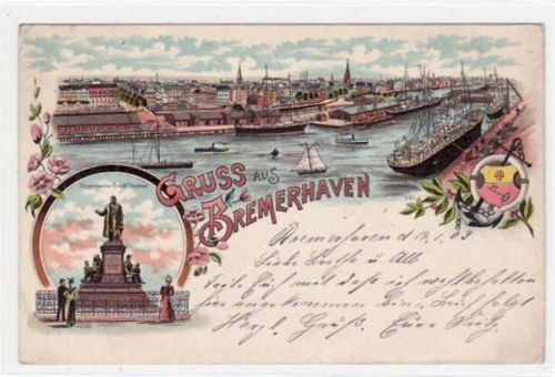 Bremerhaven Bremerhaven, Lithographie mit Hafen u. Bürgermeister Schmidtdenkmal gelaufen, 1903. Leichter Bug unten rechts, leicht stockfleckig, sonst gut erhalten