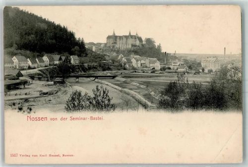 Nossen Brücke Holzstämme Schornstein Schloss